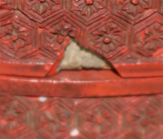 A Chinese cinnabar lacquer sexafoil box and cover, Qianlong / Jiaqing period, width 16.2cm, slight damage